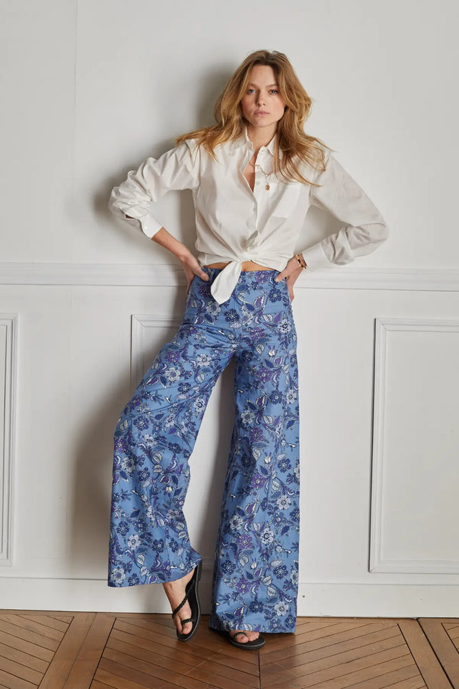 Brandy Trousers | Blue Floral Print | Made in France