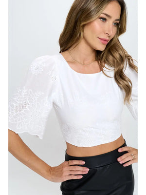 Paige Embroidered Cotton Crop Top | White