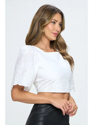 Paige Embroidered Cotton Crop Top | White