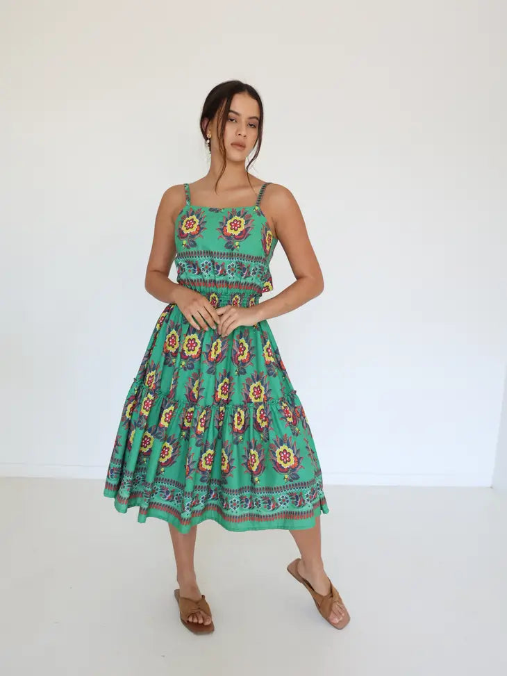 Lulu Cotton Midi Dress| Parrot Sunflower Print