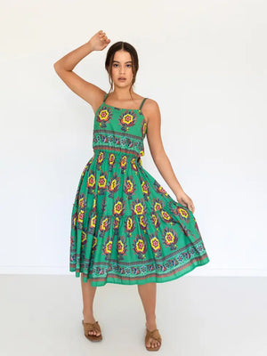 Lulu Cotton Midi Dress| Parrot Sunflower Print
