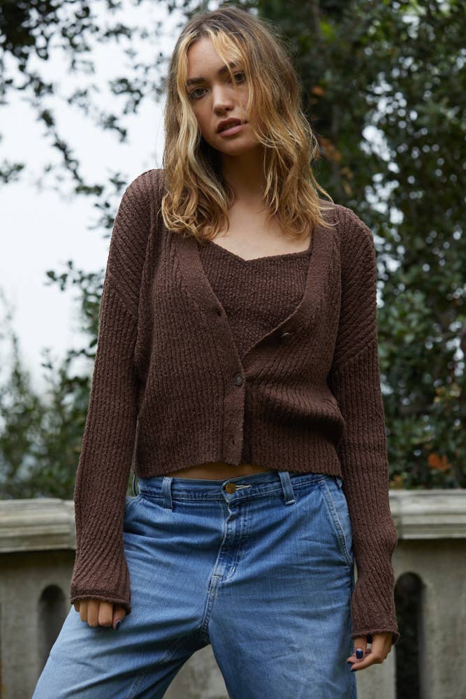 Nicole Cropped Knit Cardigan in Chocolate | Final Sale