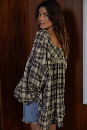 
            
                Load image into Gallery viewer, Hazel Frayed Hem Plaid Top in Taupe/Black | Final Sale
            
        