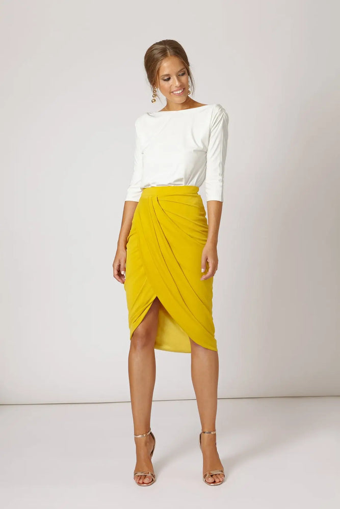 
            
                Load image into Gallery viewer, Olivia Pencil Skirt in Mustard Yellow
            
        