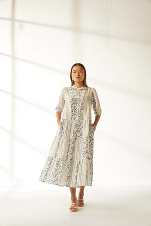 Lekha Dress - White Overall Hand Block Print Khadi