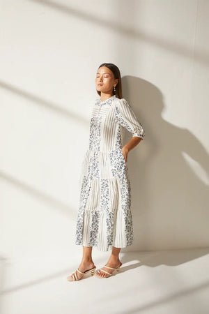 Lekha Dress - White Overall Hand Block Print Khadi