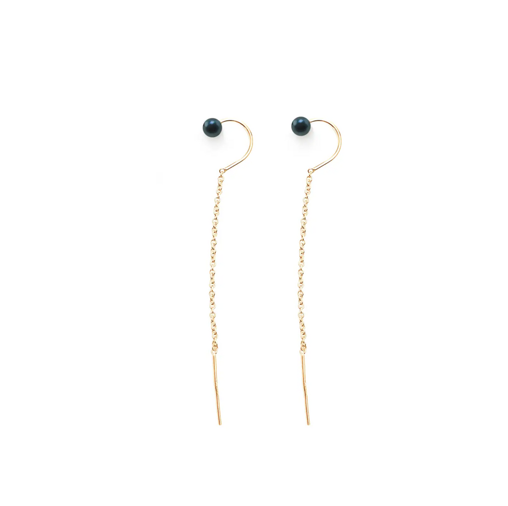 Tiny Black Pearl Chain Threader Earrings