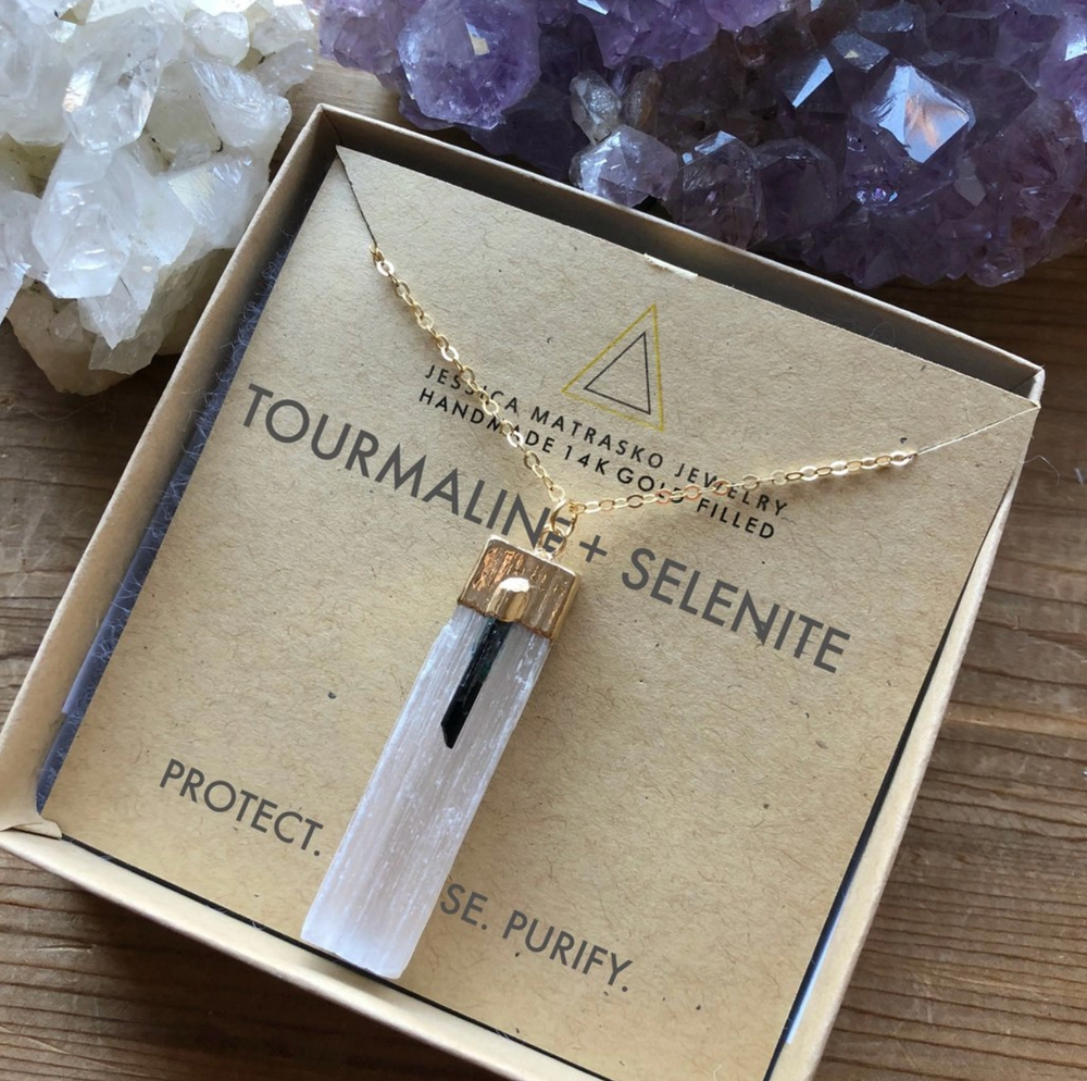 
            
                Load image into Gallery viewer, Black Tourmaline + Selenite Healing Crystal Necklace
            
        