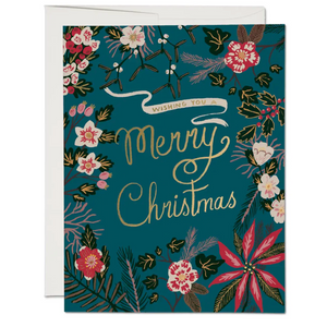 Blue Poinsettia "Merry Christmas" Greeting Card