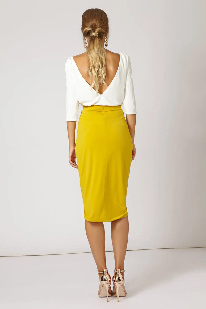 
            
                Load image into Gallery viewer, Olivia Pencil Skirt in Mustard Yellow
            
        