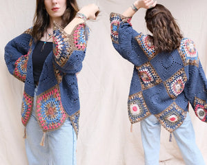 Harlow Crochet Patchwork Cardigan | Navy Blue Multi